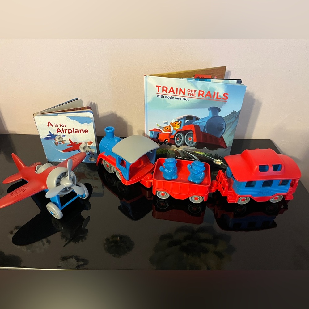 Green Toys Train and Airplane Set with books